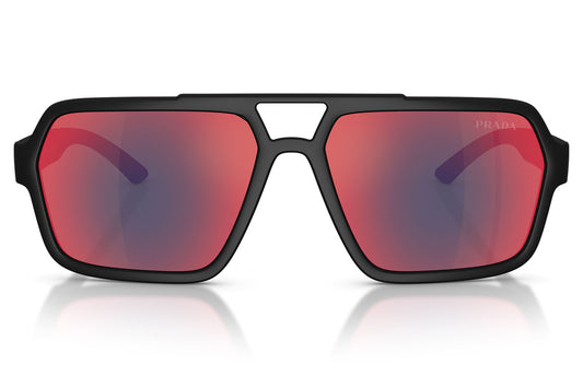 Prada Linea Rossa PS A06S Sunglasses - Black Rubber / Dark Grey Mirror Blue / Red