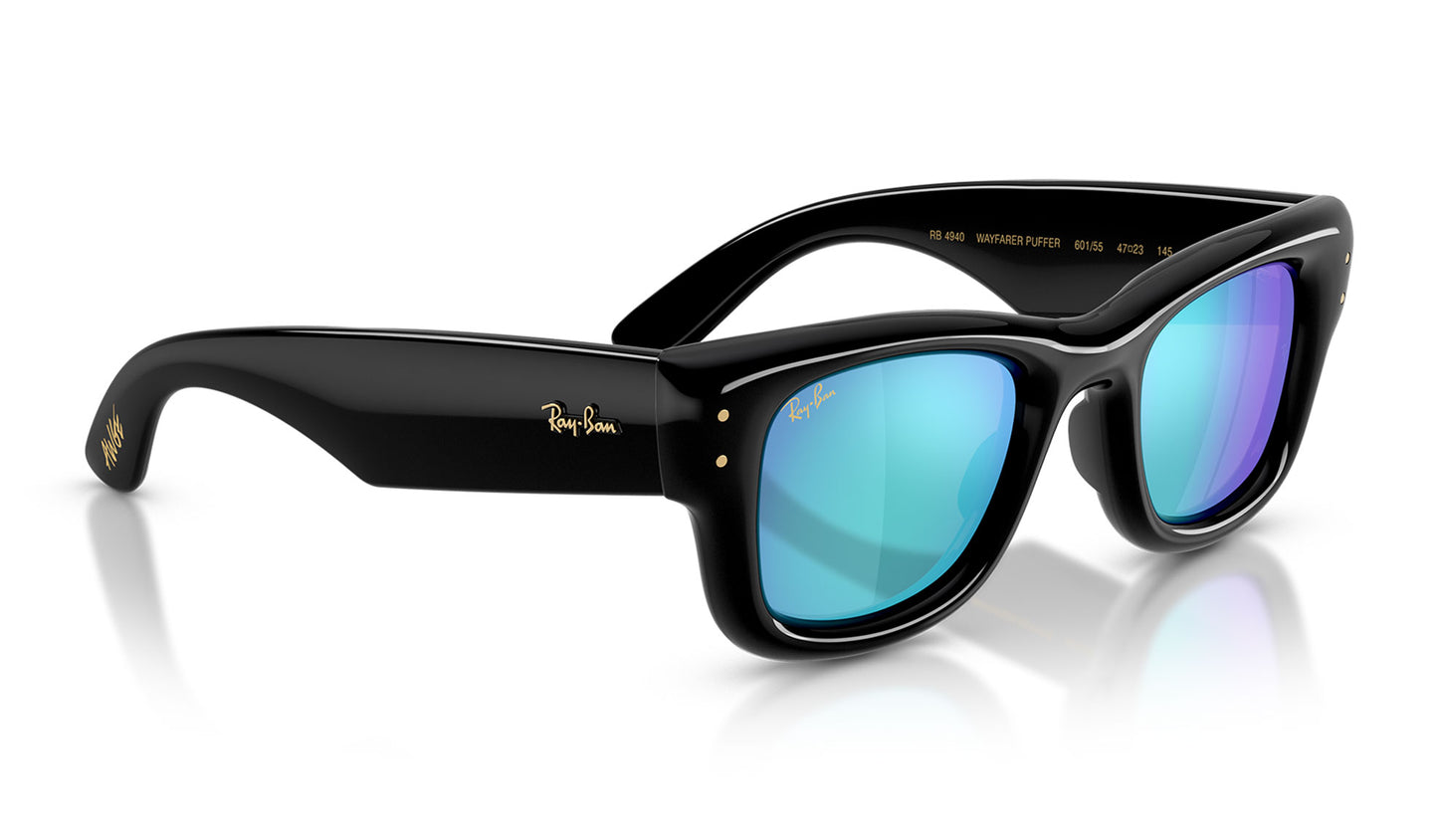 Ray-Ban RB4940 Wayfarer Puffer Sunglasses - Black / Light Green Mirror Blue
